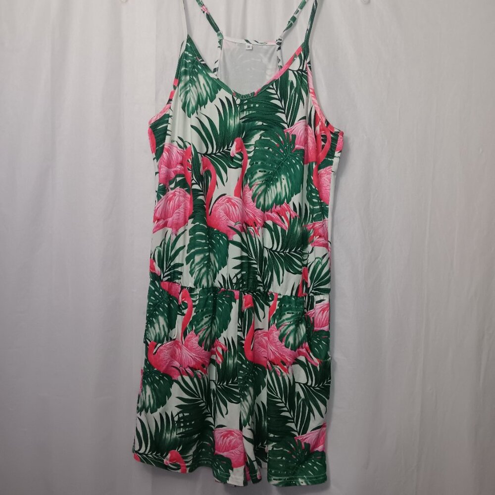 WOMEN'S FLAMINGOS TROPICAL LEAVES POCKET ROMPER